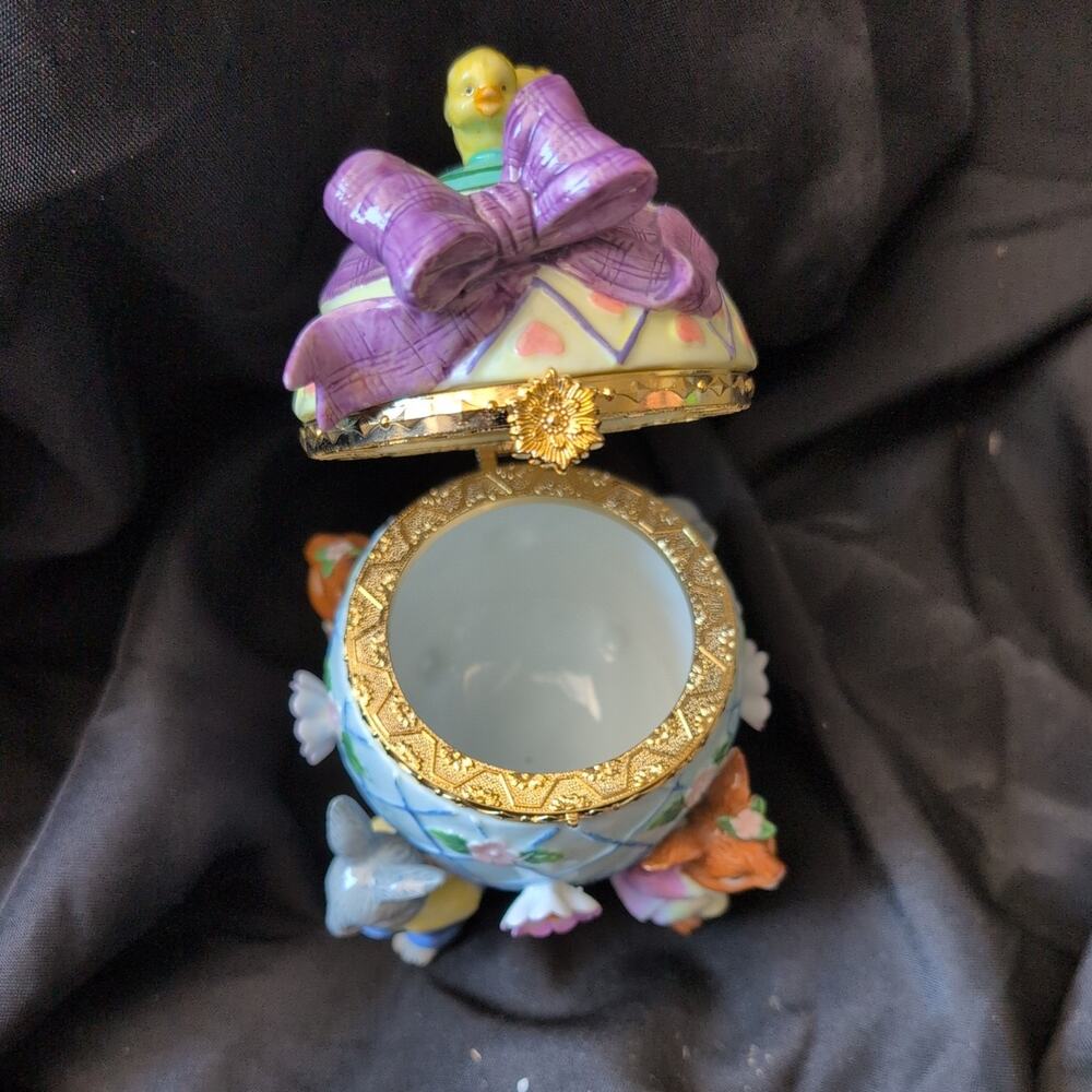 CWC Porcelain Decorative Box Easter Egg Shaped Hinged Box Rabbits Bird & Flowers